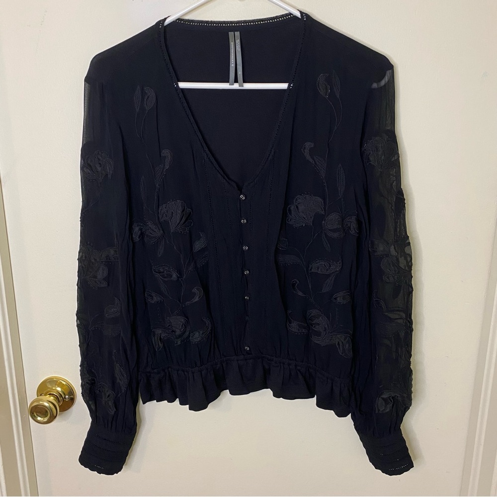 Anthropologie blouse embroidered appliqué peasant top button down viscose